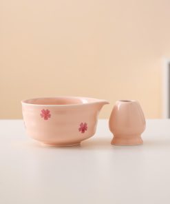 Pink Sakura Hand-painted Ceramic Matcha Bowl Set with Bamboo Whisk & Holder, 450ml Starter Kit