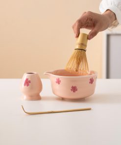 Pink Sakura Hand-painted Ceramic Matcha Bowl Set with Bamboo Whisk & Holder, 450ml Starter Kit