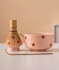 Pink Strawberry Hand-painted Ceramic Matcha Bowl Set with Bamboo Whisk & Holder, 450ml Starter Kit
