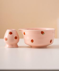 Pink Strawberry Hand-painted Ceramic Matcha Bowl Set with Bamboo Whisk & Holder, 450ml Starter Kit