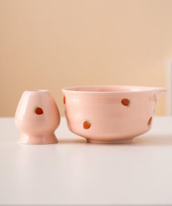 Pink Strawberry Hand-painted Ceramic Matcha Bowl Set with Bamboo Whisk & Holder, 450ml Starter Kit