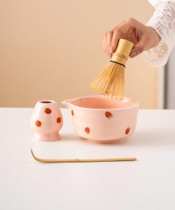 Pink Strawberry Hand-painted Ceramic Matcha Bowl Set with Bamboo Whisk & Holder, 450ml Starter Kit