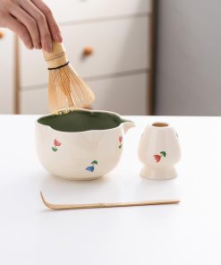Pink White Floral Ceramic Matcha Bowl Set with Bamboo Whisk, 500ml Gift Kit
