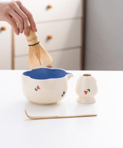 Pink White Floral Ceramic Matcha Bowl Set with Bamboo Whisk, 500ml Gift Kit