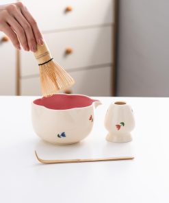 Pink White Floral Ceramic Matcha Bowl Set with Bamboo Whisk, 500ml Gift Kit