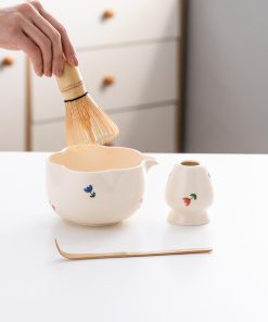 Pink White Floral Ceramic Matcha Bowl Set with Bamboo Whisk, 500ml Gift Kit