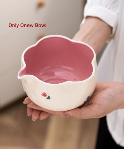 Pink White Floral Ceramic Matcha Bowl Set with Bamboo Whisk, 500ml Gift Kit