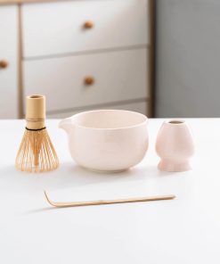 Pink White Light Pink Ceramic Matcha Bowl Set with Bamboo Whisk & Holder, 450ml Starter Kit