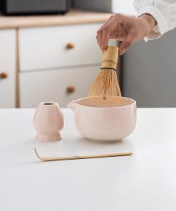 Pink White Light Pink Ceramic Matcha Bowl Set with Bamboo Whisk & Holder, 450ml Starter Kit