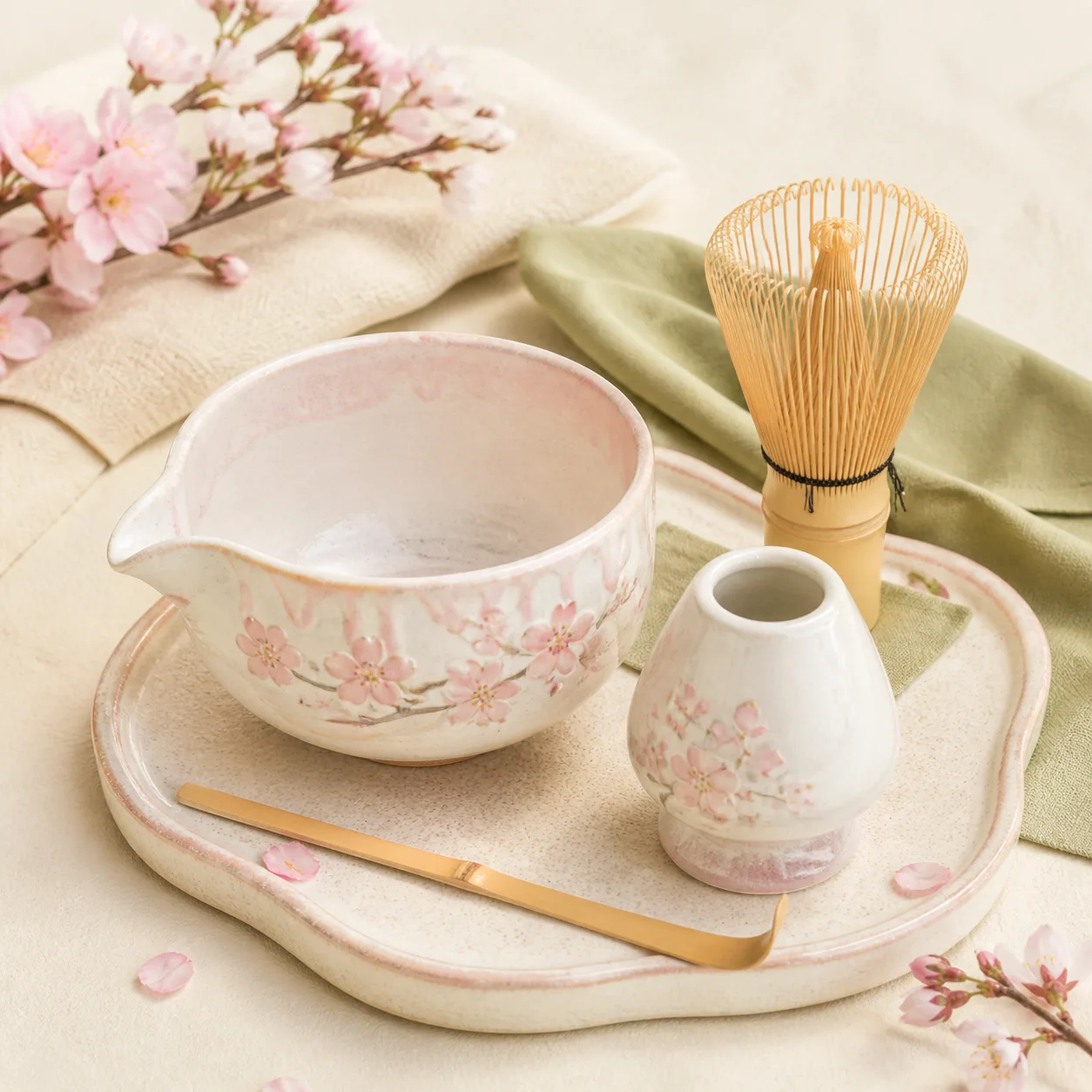 Sakura floral ceramic matcha starter kit with bamboo whisk