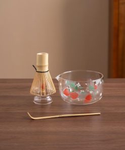 Strawberry Hand-painted Glass Matcha Bowl Set with Bamboo Whisk, 550ml Starter Kit