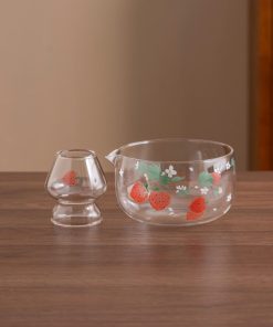 Strawberry Hand-painted Glass Matcha Bowl Set with Bamboo Whisk, 550ml Starter Kit