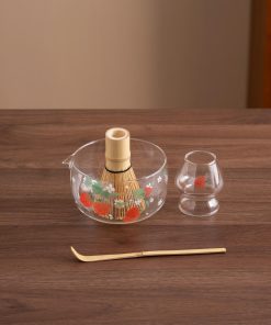 Strawberry Hand-painted Glass Matcha Bowl Set with Bamboo Whisk, 550ml Starter Kit