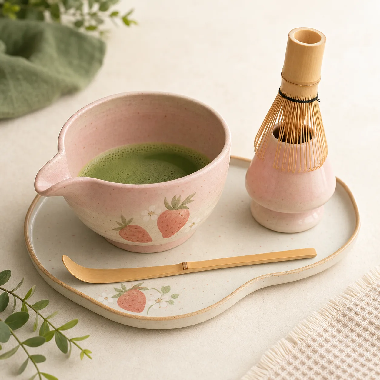 Strawberry ceramic matcha bowl set with spout and bamboo whisk