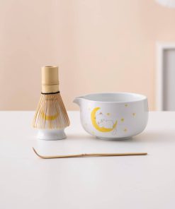 White Cat Hand-painted Ceramic Matcha Bowl Set with Bamboo Whisk & Holder, 450ml Starter Kit