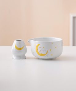 White Cat Hand-painted Ceramic Matcha Bowl Set with Bamboo Whisk & Holder, 450ml Starter Kit