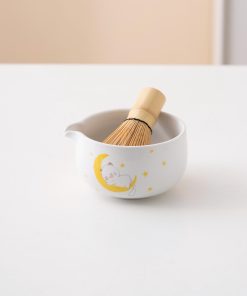 White Cat Hand-painted Ceramic Matcha Bowl Set with Bamboo Whisk & Holder, 450ml Starter Kit