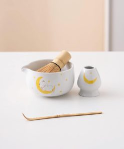 White Cat Hand-painted Ceramic Matcha Bowl Set with Bamboo Whisk & Holder, 450ml Starter Kit