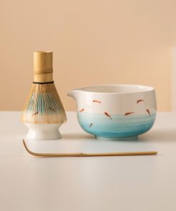 White Fish Hand-painted Ceramic Matcha Bowl Set with Spout, Bamboo Whisk & Holder, 450ml Gift Kit
