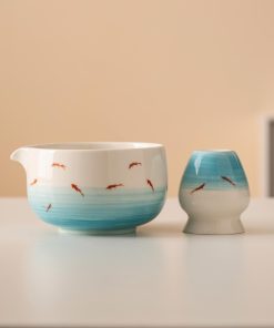White Fish Hand-painted Ceramic Matcha Bowl Set with Spout, Bamboo Whisk & Holder, 450ml Gift Kit