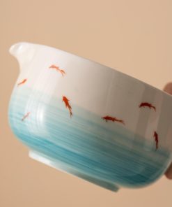 White Fish Hand-painted Ceramic Matcha Bowl Set with Spout, Bamboo Whisk & Holder, 450ml Gift Kit