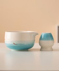 White Fish Hand-painted Ceramic Matcha Bowl Set with Spout, Bamboo Whisk & Holder, 450ml Gift Kit