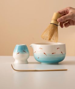 White Fish Hand-painted Ceramic Matcha Bowl Set with Spout, Bamboo Whisk & Holder, 450ml Gift Kit