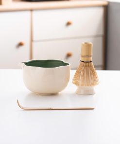 White Floral Ceramic Matcha Bowl Set with Bamboo Whisk & Holder, 500ml Starter Kit