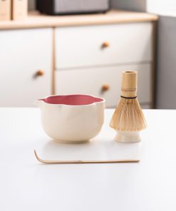 White Floral Ceramic Matcha Bowl Set with Bamboo Whisk & Holder, 500ml Starter Kit