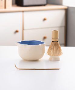 White Floral Ceramic Matcha Bowl Set with Bamboo Whisk & Holder, 500ml Starter Kit