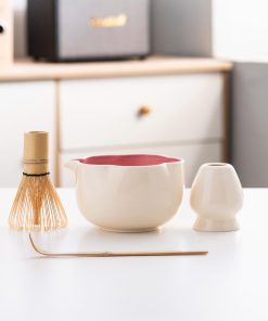 White Floral Ceramic Matcha Bowl Set with Bamboo Whisk & Holder, 500ml Starter Kit