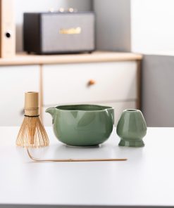 White Floral Ceramic Matcha Bowl Set with Bamboo Whisk & Holder, 500ml Starter Kit