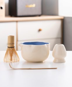 White Floral Ceramic Matcha Bowl Set with Bamboo Whisk & Holder, 500ml Starter Kit