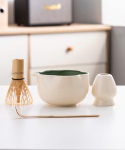 White Floral Ceramic Matcha Bowl Set with Bamboo Whisk & Holder, 500ml Starter Kit