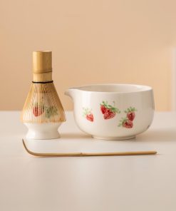 White Strawberry Hand-painted Ceramic Matcha Bowl Set with Spout, Bamboo Whisk & Holder, 450ml Gift Kit